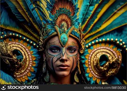 Beauty model woman wearing ethnic mask carnival mask at party Glamour lady 