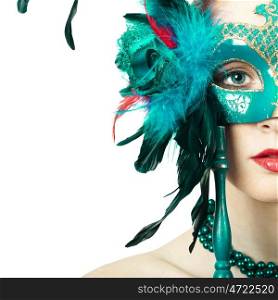 Beauty model woman wearing venetian masquerade carnival mask. Christmas and new year. Perfect makeup