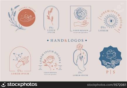 Beauty occult logo collection with hand,geometric,rose,moon,star,flower.Vector illustration for icon,logo,sticker,printable and tattoo
