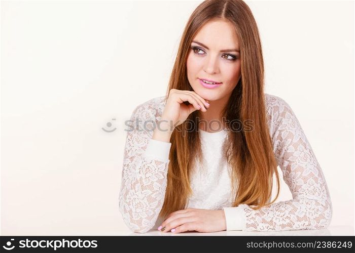 Beauty of feminince concept. Portrait of happy, positive attractive woman with long brunette hair.. Portrait of happy, positive attractive woman