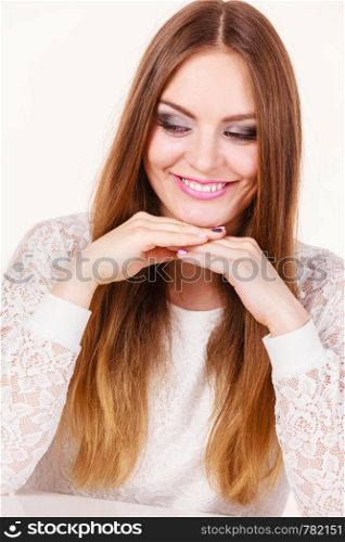 Beauty of feminince concept. Portrait of happy, positive attractive woman with long brunette hair.. Portrait of happy, positive attractive woman