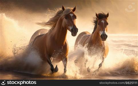 Beauty of nature in its purest form. Two majestic brown horses are captured running along the shore, with the ocean spray splashing around them, creating a breathtaking sight. The photo is illuminated by the warm glow of the morning sunlight, enhancing the colors and textures of the horses’ manes and the ocean waves. The warm tones of the photo create a serene and tranquil atmosphere, inviting the viewer to immerse themselves in the natural beauty of the scene. The horses’ movement and grace, combined with the power of the ocean, make this photo an excellent representation of the magnificence of nature. AI generative illustration