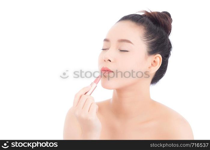 Beauty of portrait asian woman applying make up with lipstick of mouth isolated on white background, Beautiful girl on lips with happy, skincare and cosmetic concept.