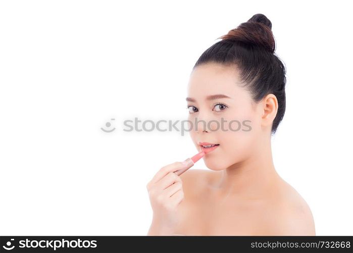Beauty of portrait asian woman applying make up with lipstick of mouth isolated on white background, Beautiful girl on lips with happy, skincare and cosmetic concept.