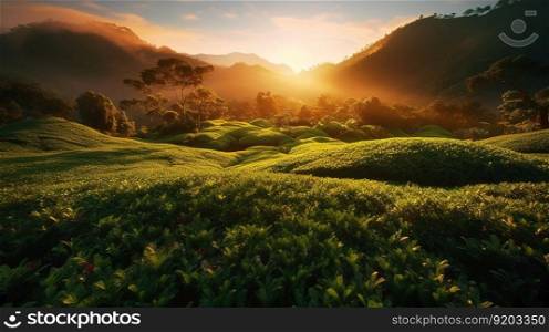 Beauty of Sunlit Tea Fields in a Serene and Tranquil Rural Landscape. generative ai