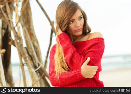 Beauty of women. Portrait of gorgeous girl with long hair blowing on wind. Attractive and fashion woman on beach.. Gorgeous attractive young woman in summer.
