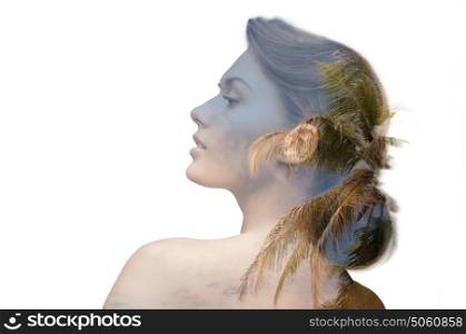 beauty people and eco concept - beautiful young woman face over palm tree background. beautiful young woman over palm tree background