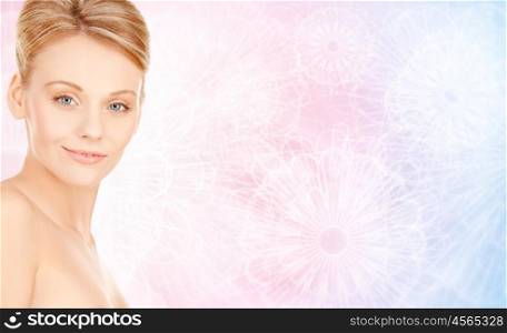 beauty, people and health concept - beautiful young woman face over rose quartz and serenity pattern background