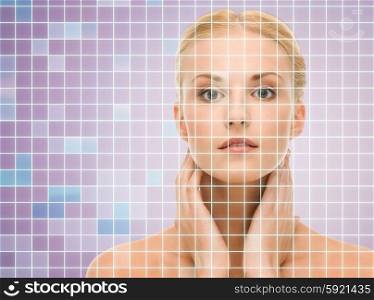 beauty, people and health concept - beautiful young woman touching her neck over violet background with squared grid