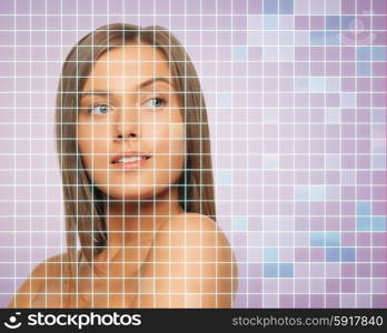 beauty, people and health concept - beautiful young woman with bare shoulders over violet background with squared grid