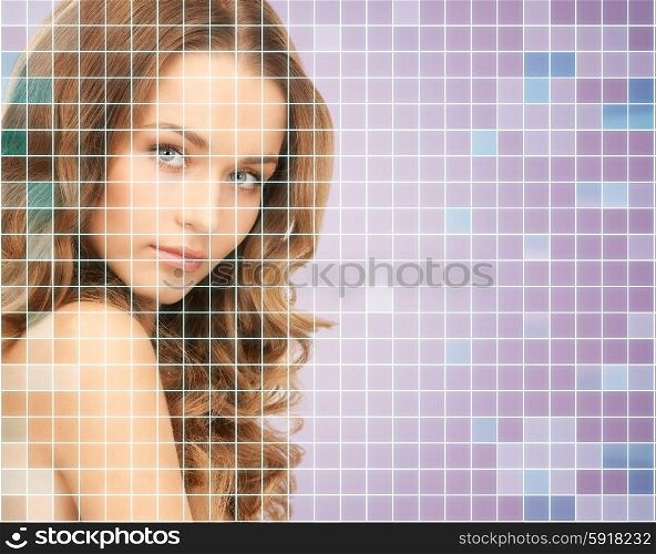 beauty, people and health concept - beautiful young woman with bare shoulders over violet background with squared grid