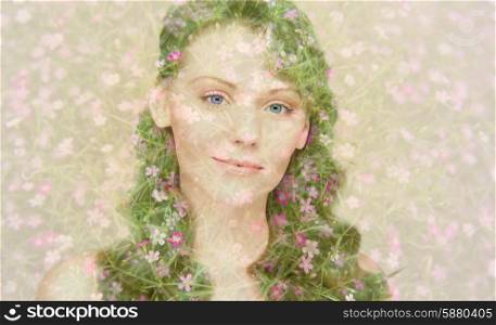 beauty, people and health concept - smiling young woman with floral pattern and double exposure effect