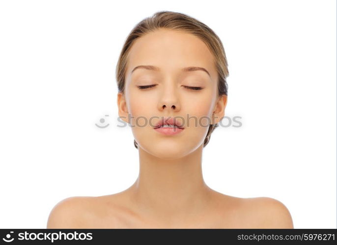 beauty, people and health concept - young woman face with closed eyes and shoulders