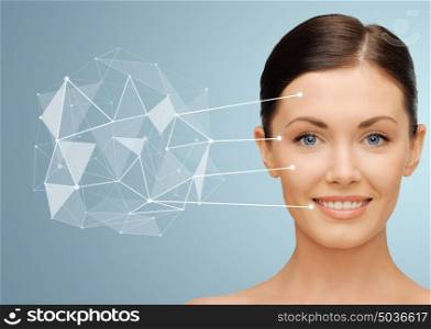 beauty, people and skin care concept - beautiful young woman face with low poly shape projection and pointers over blue background. woman face with low poly projection and pointers