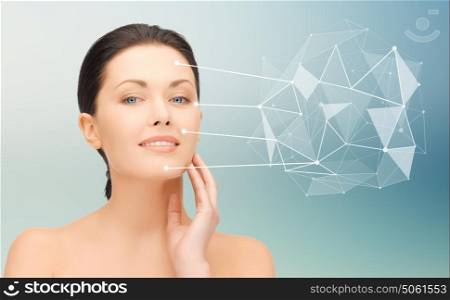 beauty, people and skin care concept - beautiful young woman face with low poly shape projection and pointers over blue background. woman face with low poly projection and pointers