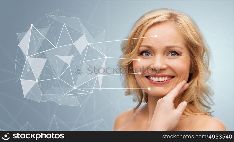 beauty, people and skincare concept - smiling woman with bare shoulders touching face over gray background with low poly projection and pointers. smiling woman with bare shoulders touching face