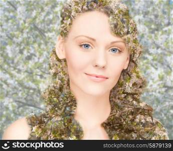 beauty, people, spring, summer season and health concept - happy young woman over blooming tree floral pattern and double exposure effect