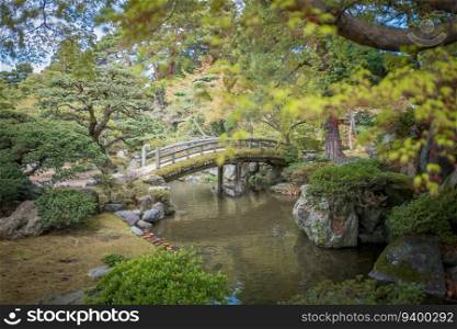 Beauty pond green reflection water bridge garden tree in Kyoto Japan, Asian Japanese imperial palace landmark nature park peaceful scenery, outdoor oriental zen Asia tradition heritage sightseeing
