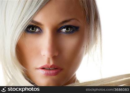 beauty portrait of a cute blond girl with long hair and skin like a dolly