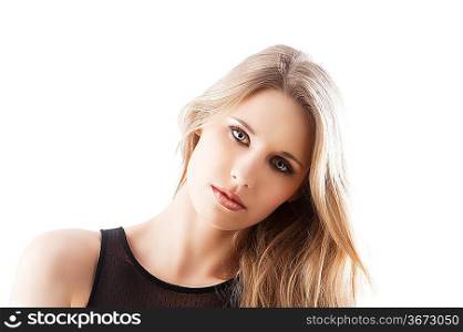 beauty portrait of a young and beautiful blond girl with long hair and natural make up posing over white, she is in front of the camera, looks in to the lens and her head is bent at left