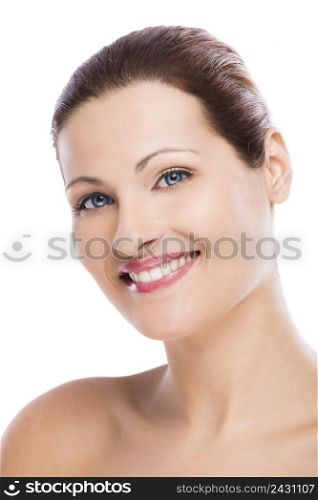 Beauty portrait of a young blonde woman, isolated on white background