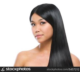 Beauty portrait of asian brunette girl smooth long straight hair isolated on white