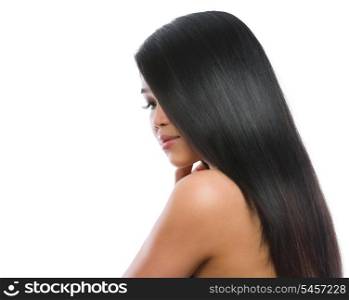 Beauty portrait of asian brunette girl smooth long straight hair isolated on white