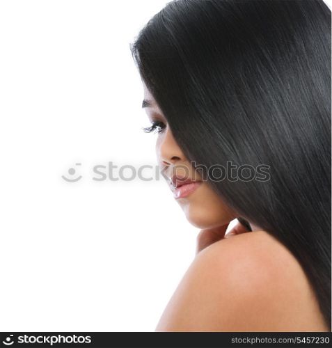 Beauty portrait of asian brunette woman healthy long straight hair isolated on white