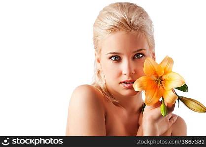 beauty portrait of beautiful young woman with health skin and with orange flower on her shoulder