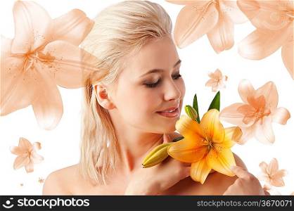 beauty portrait of beautiful young woman with health skin and with orange flower on her shoulder