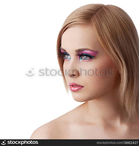 beauty portrait of blond young girl looking sideways with colourfull makeup and hair style isolated over white background