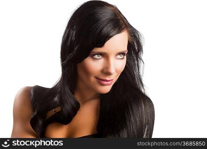 beauty portrait of pretty young girl with long black hair on white background