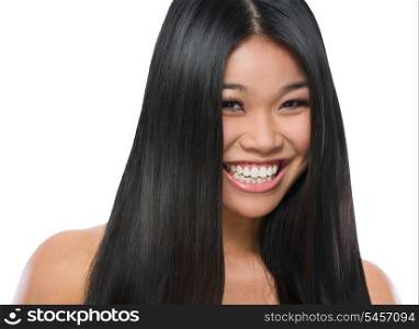 Beauty portrait of smiling asian girl smooth long straight hair isolated on white