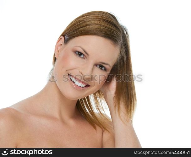 Beauty portrait of smiling girl isolated on white