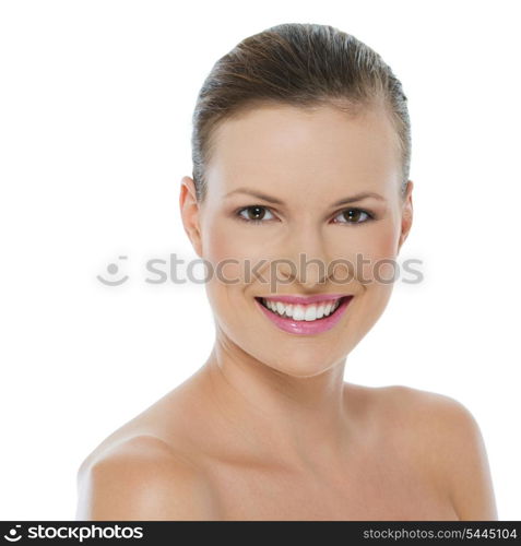 Beauty portrait of smiling young woman isolated on white