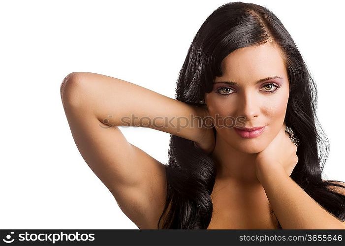 beauty portrait of very cute young woman with long dark hair isolated over white