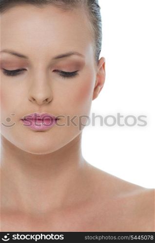 Beauty portrait of woman with closed eyes isolated on white