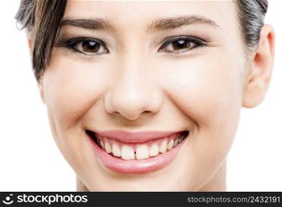 Beauty portrait of young asian woman smiling, isolated over white background.