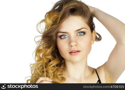 Beauty portrait of young attractive woman, isolated on gray background