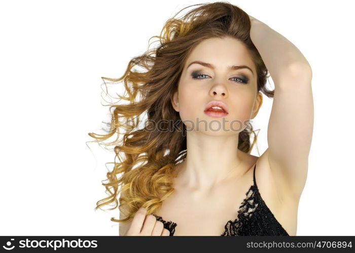 Beauty portrait of young attractive woman, isolated on gray background