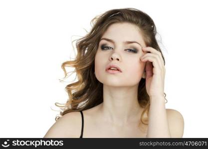 Beauty portrait of young attractive woman, isolated on white background