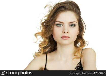 Beauty portrait of young attractive woman, isolated on white background