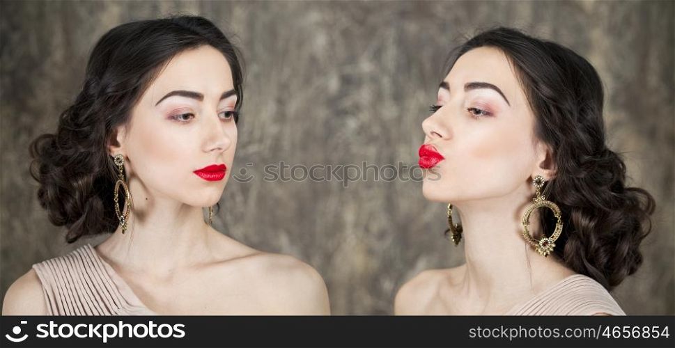 Beauty portrait of young attractive women on dark studio wall