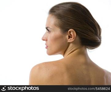 Beauty portrait of young woman looking on copy space . rear view