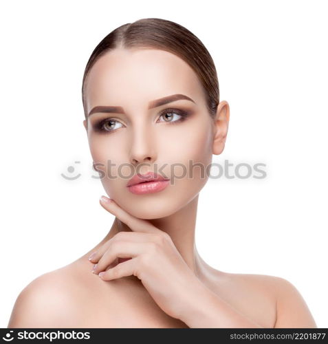 Beauty Portrait of Young Woman with Perfect Clean Fresh Skin close up isolated on white background - Skin Care Concept.. Beauty Portrait of Young Woman with Perfect Clean Fresh Skin close up isolated on white background - Skin Care Concept..