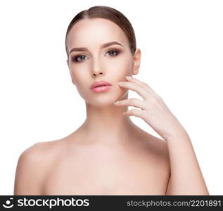 Beauty Portrait of Young Woman with Perfect Clean Fresh Skin close up isolated on white background - Skin Care Concept.. Beauty Portrait of Young Woman with Perfect Clean Fresh Skin close up isolated on white background - Skin Care Concept..