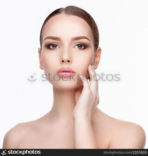 Beauty Portrait of Young Woman with Perfect Clean Fresh Skin close up isolated on white background - Skin Care Concept.. Beauty Portrait of Young Woman with Perfect Clean Fresh Skin close up isolated on white background - Skin Care Concept..