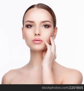 Beauty Portrait of Young Woman with Perfect Clean Fresh Skin close up isolated on white background - Skin Care Concept.. Beauty Portrait of Young Woman with Perfect Clean Fresh Skin close up isolated on white background - Skin Care Concept..