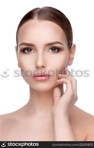 Beauty Portrait of Young Woman with Perfect Clean Fresh Skin close up isolated on white background - Skin Care Concept.. Beauty Portrait of Young Woman with Perfect Clean Fresh Skin close up isolated on white background - Skin Care Concept..