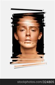 Beauty portrait with foundation makeup over face photo artwork poster on grey background